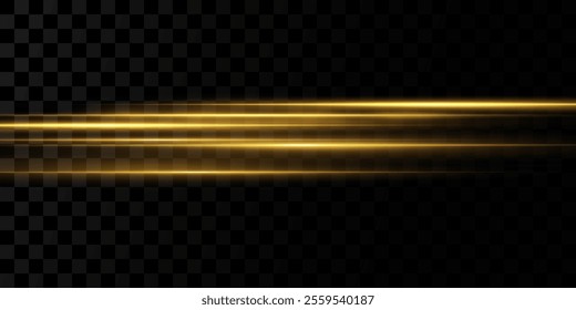 
Light effect of movement of golden neon lines. Horizontal lines. Speed ​​effect on a transparent background. Lines of light, speed and movement.