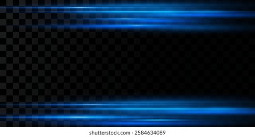 
Light effect of neon blue lines movement. Horizontal lines. Speed ​​effect on a transparent background. Lines of light, speed and movement.