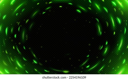 Light effect of neon glow and energy sparkles motion. Abstract background with circle frame of shiny twirl with green sparks and blur, vector realistic illustration