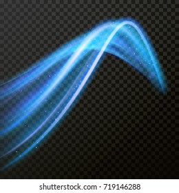 Light effect neon line swirl. Vector glowing light fire flare trace or magic glitter sparkle swirl trail effect. Bokeh light glitter wave blue line with sparkling particles on transparent background