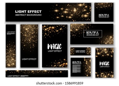  Light effect on beautiful banners. Dust effect. Dust particles flicker on a dark background. Banner with yellow dust.vector illustration. magic and magic.