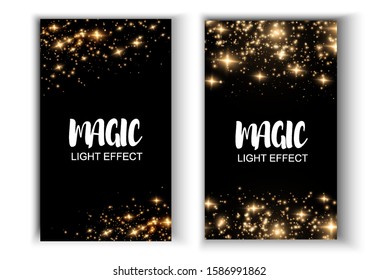 Light effect on beautiful banners. Banner with yellow dust. Dust effect. Dust particles flicker on a dark background. vector illustration. magic and magic.