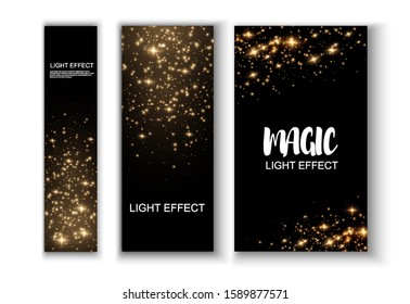  Light effect on beautiful banners. Dust effect. Dust particles flicker on a dark background. Banner with yellow dust.vector illustration. magic and magic.