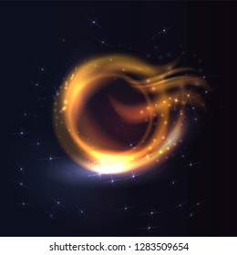 Light effect on dark background. Glowing light fire ring trace. Bokeh light glitter round wave line with sparkling flash light
