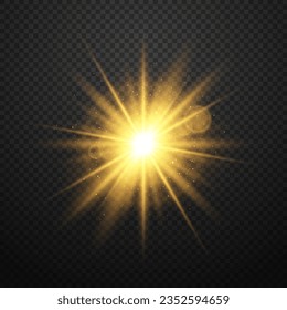 Light effect on a dark background. A sparkling golden glare, a twinkling star. Vector element with highlights and rays.