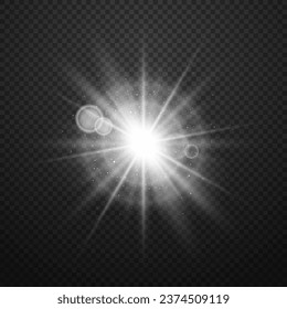 Light effect on a dark transparent background. A sparkling white glare, a twinkling star. Vector element with highlights and rays.