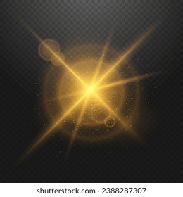 Light effect on a dark transparent background. A sparkling golden glare, a twinkling star. Vector element with highlights and rays.