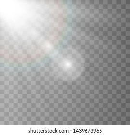 Light effect on a transparent background. The star flashed with rays and searchlight. Glow effect with white sparks and stars shining with a special light. White glowing light. Starlight from the rays