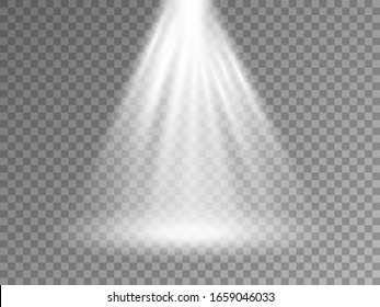 Light effect on transparent background. Realistic spotlight with white beams. Bright projector template. Scene illumination for advertising, poster, banner. Vector illustration.