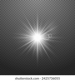 Light effect on a transparent background. A sparkling white glare, a twinkling star. Vector element with highlights and rays.
