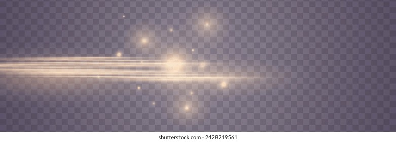 Efecto de luz sobre un fondo transparente. Líneas de neón doradas. Un destello de polvo, resplandor y luz. Ilustración vectorial. EPS 10