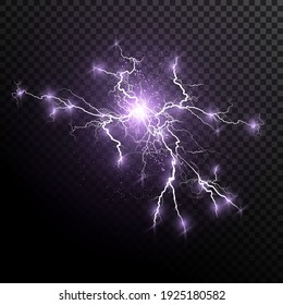 Light effect of pink lightning. PNG. Realistic flash with lightning. Electric explosion png.