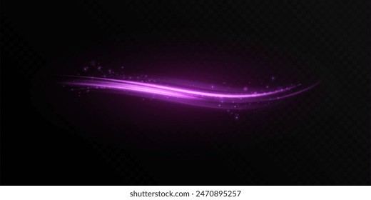 Light effect of purple shiny lines with magic dust particles on a black background. Bright light element for design and illustrations Vector eps10.	
