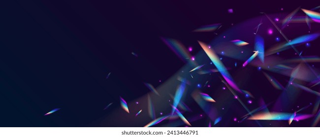 Light effect of rainbow retro film for use over photos as an overlay or screen filter. Holographic falling confetti glitters isolated on transparent background. Transparent refraction elements.	