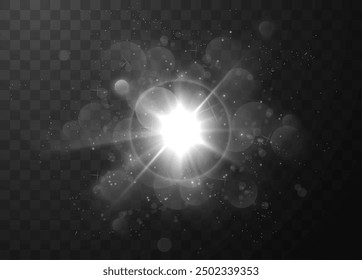 Light effect. Realistic vector illustration of sunlight or flare, surrounded by lots of bokeh and shimmering particles. Created for design on a transparent isolated background.