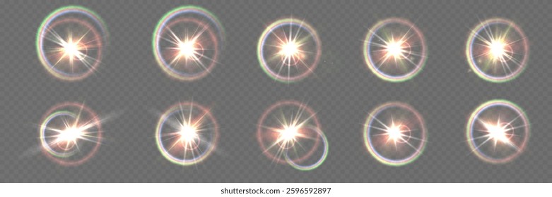 Light effect set featuring isolated transparent glow elements, including lens flares, sparkles, and sun flashes. A collection of dynamic lighting overlays, such as curved twirls, radiant beams