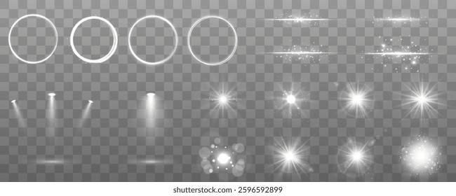 Light effect set featuring isolated transparent glow elements, including lens flares, sparkles, and sun flashes. A collection of dynamic lighting overlays, such as curved twirls, radiant beams