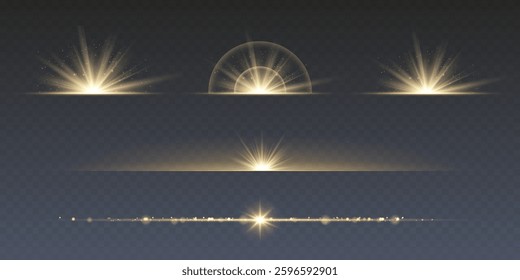 Light effect set featuring isolated transparent glow elements, including lens flares, sparkles, and sun flashes. A collection of dynamic lighting overlays, such as curved twirls, radiant beams
