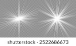 Light effect set. Glow isolated white transparent light effect set, lens flare, explosion, glitter, dust, line, sun flash, spark and stars, spotlight, curve twirl. Sunlight, abstract special effect.