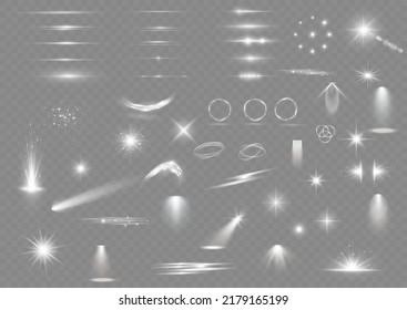 Light effect set. Glow isolated white transparent light effect set, lens flare, explosion, glitter, dust, line, sun flash, spark and stars, spotlight, curve twirl. Sunlight, abstract special effect.