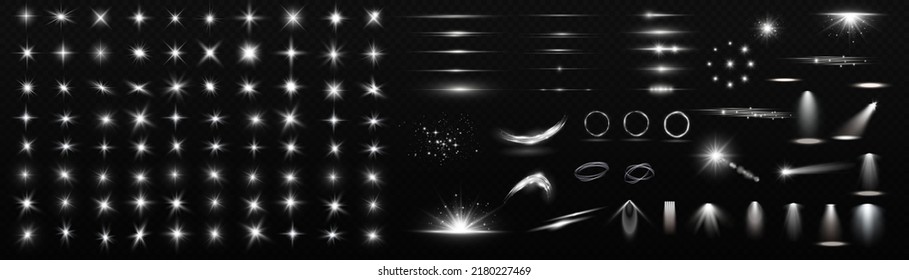 Light effect set. Glow isolated white transparent light effect set, lens flare, explosion, glitter, dust, line, sun flash, spark and stars, spotlight, curve twirl. Sunlight, abstract special effect.