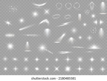 Light effect set. Glow isolated white transparent light effect set, lens flare, explosion, glitter, dust, line, sun flash, spark and stars, spotlight, curve twirl. Sunlight, abstract special effect.