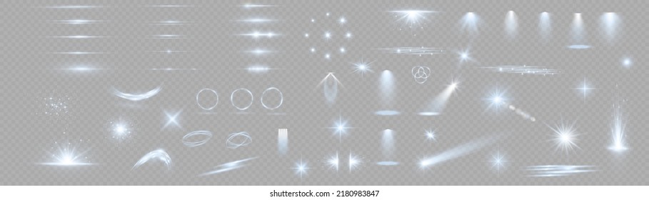 Light effect set. Glow isolated white transparent light effect set, lens flare, explosion, glitter, dust, line, sun flash, spark and stars, spotlight, curve twirl. Sunlight, abstract special effect.