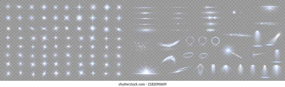 Light effect set. Glow isolated white transparent light effect set, lens flare, explosion, glitter, dust, line, sun flash, spark and stars, spotlight, curve twirl. Sunlight, abstract special effect.