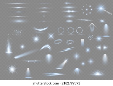 Light effect set. Glow isolated white transparent light effect set, lens flare, explosion, glitter, dust, line, sun flash, spark and stars, spotlight, curve twirl. Sunlight, abstract special effect.