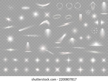 Light effect set. Glow isolated white transparent light effect set, lens flare, explosion, glitter, dust, line, sun flash, spark and stars, spotlight, curve twirl. Sunlight, abstract special effect.