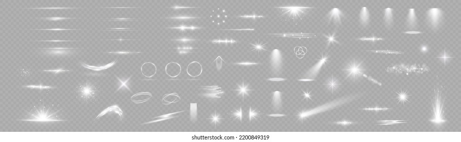 Light effect set. Glow isolated white transparent light effect set, lens flare, explosion, glitter, dust, line, sun flash, spark and stars, spotlight, curve twirl. Sunlight, abstract special effect.