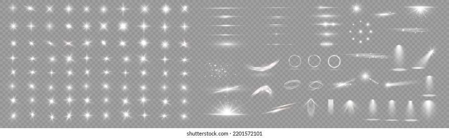 Light effect set. Glow isolated white transparent light effect set, lens flare, explosion, glitter, dust, line, sun flash, spark and stars, spotlight, curve twirl. Sunlight, abstract special effect.