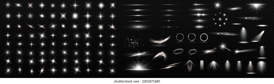 Light effect set. Glow isolated white transparent light effect set, lens flare, explosion, glitter, dust, line, sun flash, spark and stars, spotlight, curve twirl. Sunlight, abstract special effect.