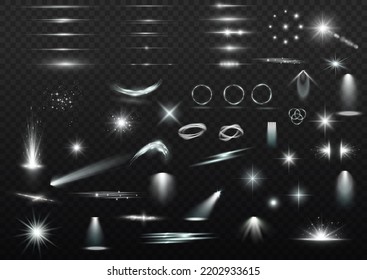 Efecto ligero establecido. Juego de efecto luminoso transparente blanco aislado brillante, destello de lente, explosión, brillo, polvo, línea, flash solar, chispa y estrellas, foco, giro de curva. Luz solar, efecto abstracto especial.