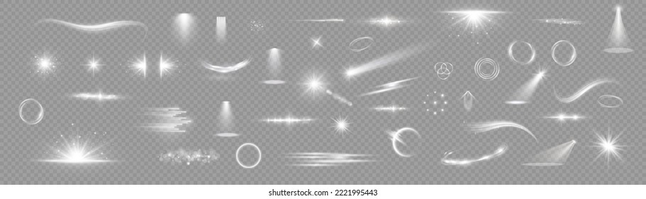 Light effect set. Glow isolated white transparent light effect set. lens flare, explosion, glitter, dust, line, sun flash, spark and stars, spotlight, curve twirl. Sunlight, abstract special effect.