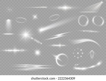 Light effect set. Glow isolated white transparent light effect set. lens flare, explosion, glitter, dust, line, sun flash, spark and stars, spotlight, curve twirl. Sunlight, abstract special effect.