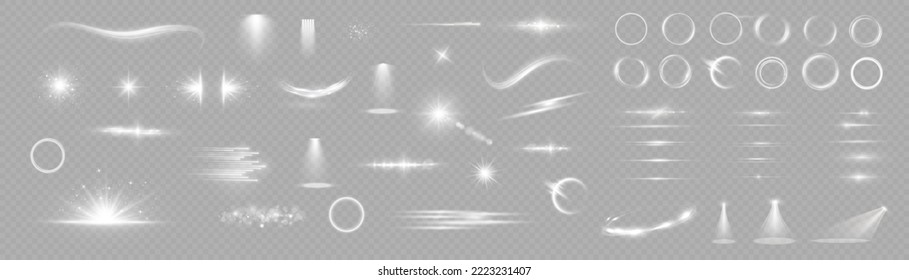 Efecto ligero establecido. Ajuste del efecto de luz transparente blanco aislado brillante. bengala de lente, explosión, brillo, polvo, línea, destello solar, chispa y estrellas, foco, giro de curva. Luz solar, efecto abstracto especial.