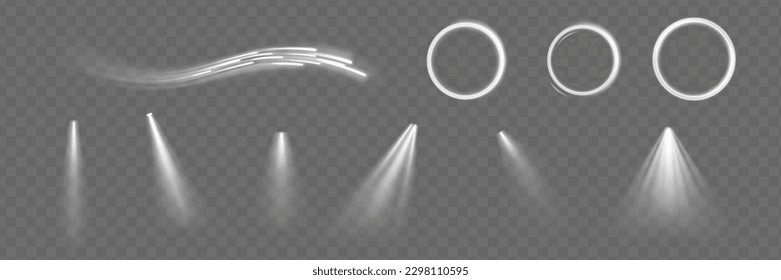 Light effect set. Glow isolated white transparent light effect set, lens flare, explosion, glitter, dust, line, sun flash, spark and stars, spotlight, curve twirl.