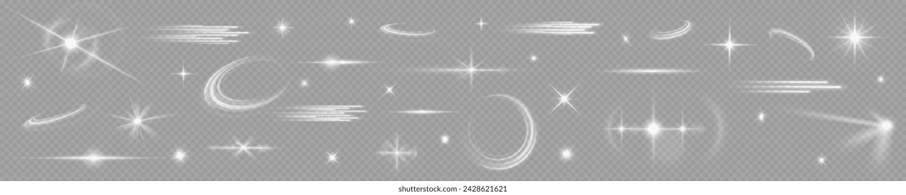 Light effect set. Glow isolated white transparent light effect set, lens flare, explosion, glitter, dust, line, sun flash, spark and stars, spotlight, curve twirl. Sunlight, abstract special effect.