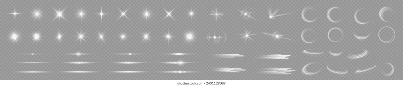 Light effect set. Glow isolated white transparent light effect set, lens flare, explosion, glitter, dust, line, sun flash, spark and stars, spotlight, curve twirl. Sunlight, abstract special effect.