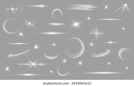 Light effect set. Glow isolated white transparent light effect set, lens flare, explosion, glitter, dust, line, sun flash, spark and stars, spotlight, curve twirl. Sunlight, abstract special effect.