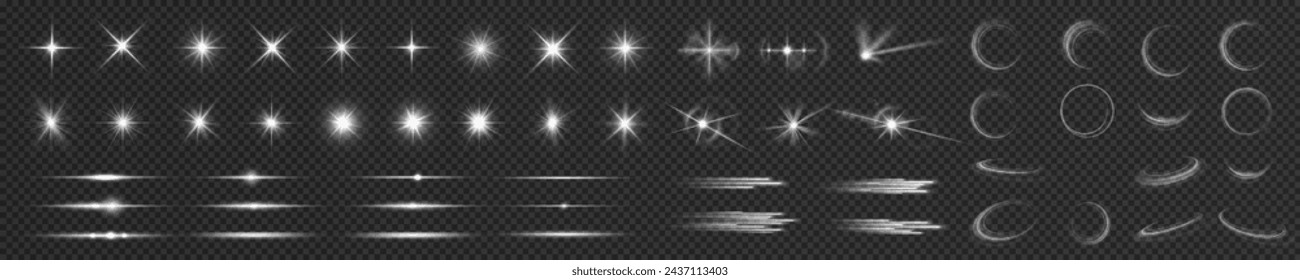 Light effect set. Glow isolated white transparent light effect set, lens flare, explosion, glitter, dust, line, sun flash, spark and stars, spotlight, curve twirl. Sunlight, abstract special effect.