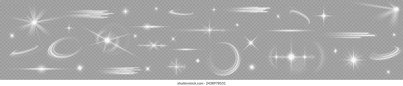 Light effect set. Glow isolated white transparent light effect set, lens flare, explosion, glitter, dust, line, sun flash, spark and stars, spotlight, curve twirl. Sunlight, abstract special effect.