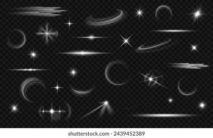Light effect set. Glow isolated white transparent light effect set, lens flare, explosion, glitter, dust, line, sun flash, spark and stars, spotlight, curve twirl. Sunlight, abstract special effect.