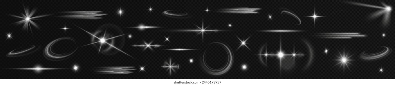 Light effect set. Glow isolated white transparent light effect set, lens flare, explosion, glitter, dust, line, sun flash, spark and stars, spotlight, curve twirl. Sunlight, abstract special effect.