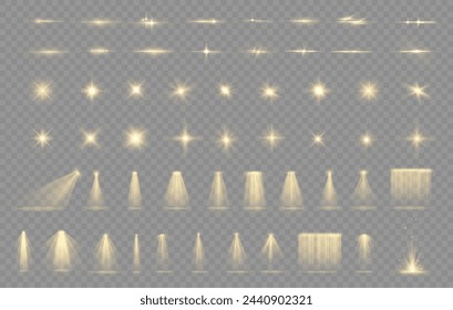 Lichteffekt eingestellt. Glow isoliert gelb transparent Lichteffekt Set, Linsenflamme, Explosion, Glitzer, Staub, Linie, Sonnenblitz, Funken und Sterne, Spotlight, Kurve wirbeln. Sonnenlicht, abstrakter Spezialeffekt.