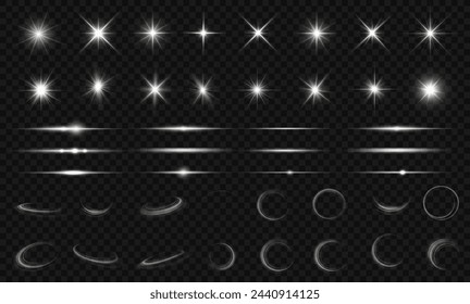 Light effect set. Glow isolated white transparent light effect set, lens flare, explosion, glitter, dust, line, sun flash, spark and stars, spotlight, curve twirl. Sunlight, abstract special effect.