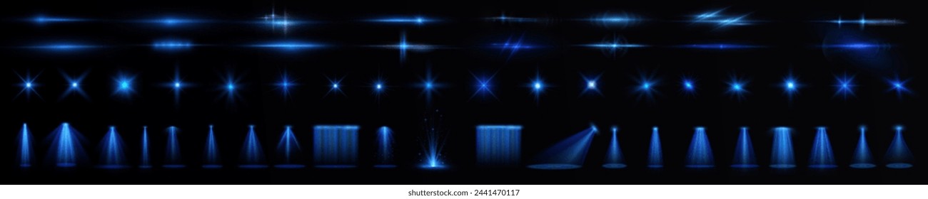 Light effect set. Glow isolated blue transparent light effect set, lens flare, explosion, glitter, dust, line, sun flash, spark and stars, spotlight, curve twirl. Sunlight, abstract special effect.