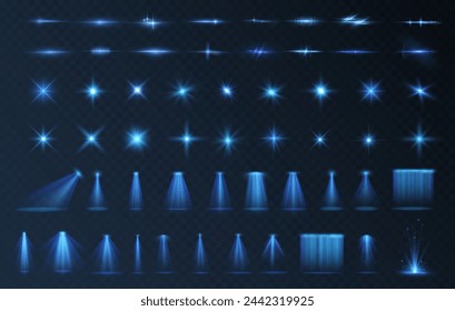 Light effect set. Glow isolated blue transparent light effect set, lens flare, explosion, glitter, dust, line, sun flash, spark and stars, spotlight, curve twirl. Sunlight, abstract special effect.