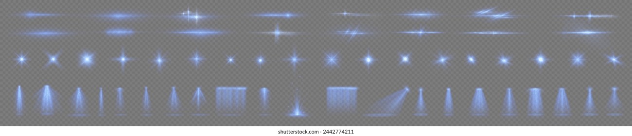 Light effect set. Glow isolated blue transparent light effect set, lens flare, explosion, glitter, dust, line, sun flash, spark and stars, spotlight, curve twirl. Sunlight, abstract special effect.